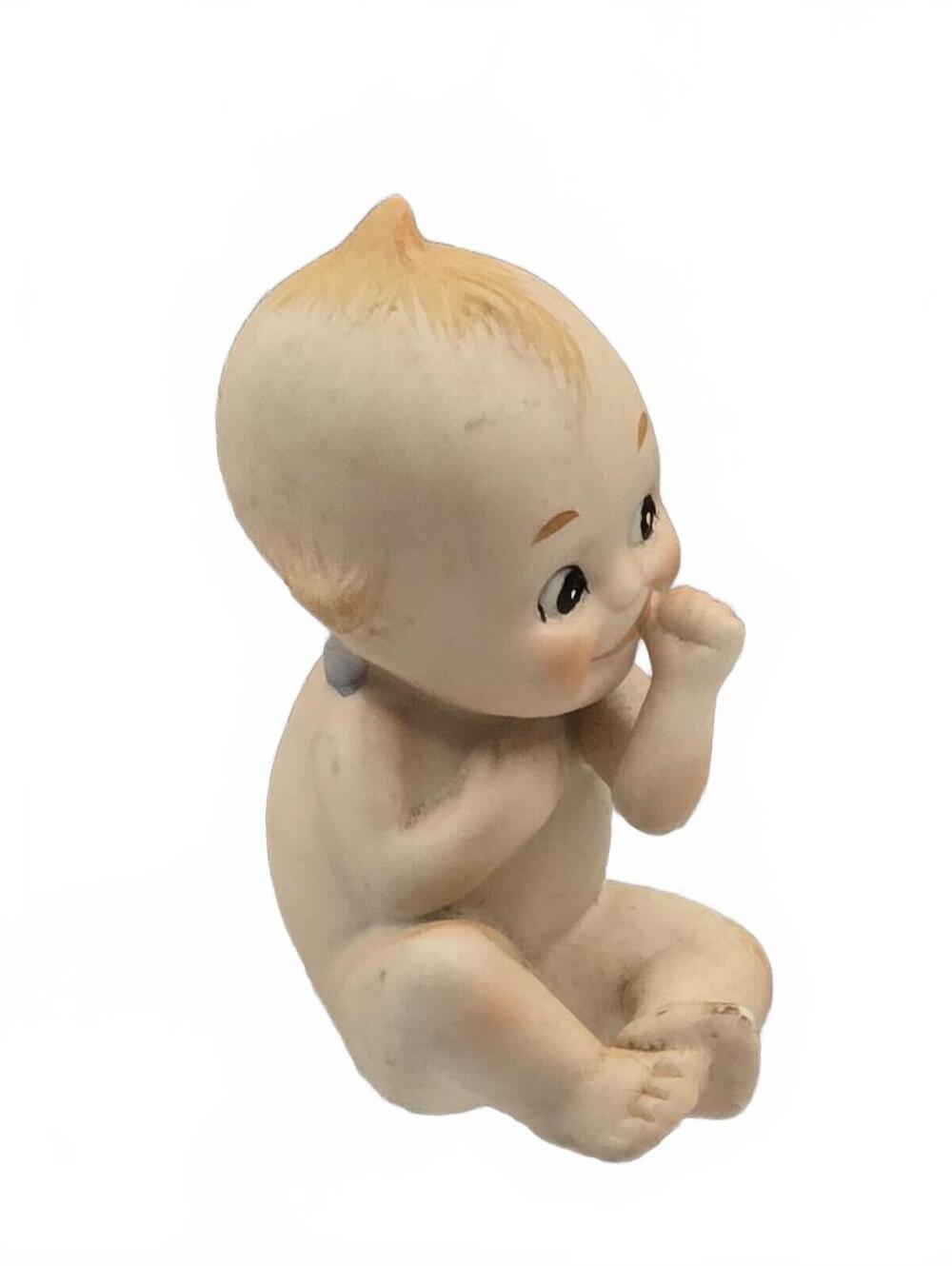 Vintage Lefton Kewpie 2.5" Baby Doll Bisque figurine blue wing sucking thumb